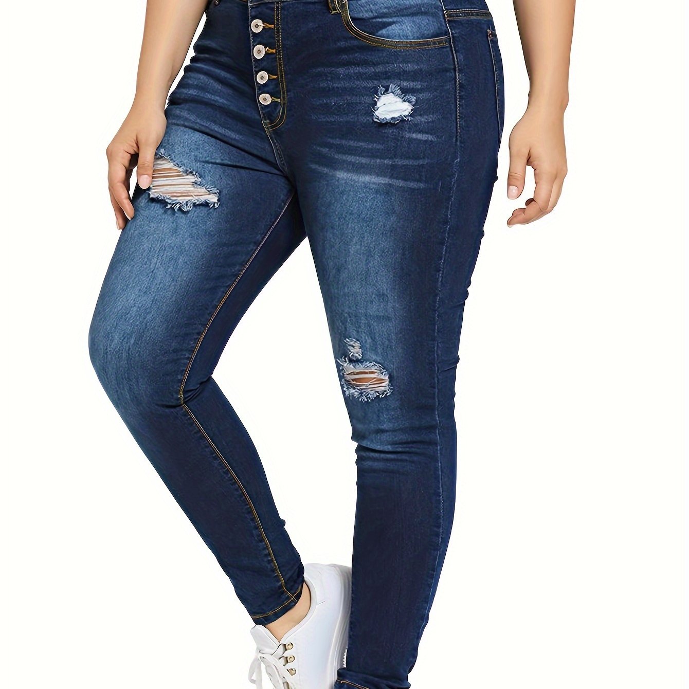 Plus Solid Ripped High Rise Skinny Jeans