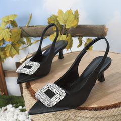Rhinestone Square Buckle Kitten Heels Slingback Shoes Low Heel