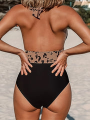 Sexy Swimsuit Colorblock Leopard Print Deep V Neck Halter Bathing Suit