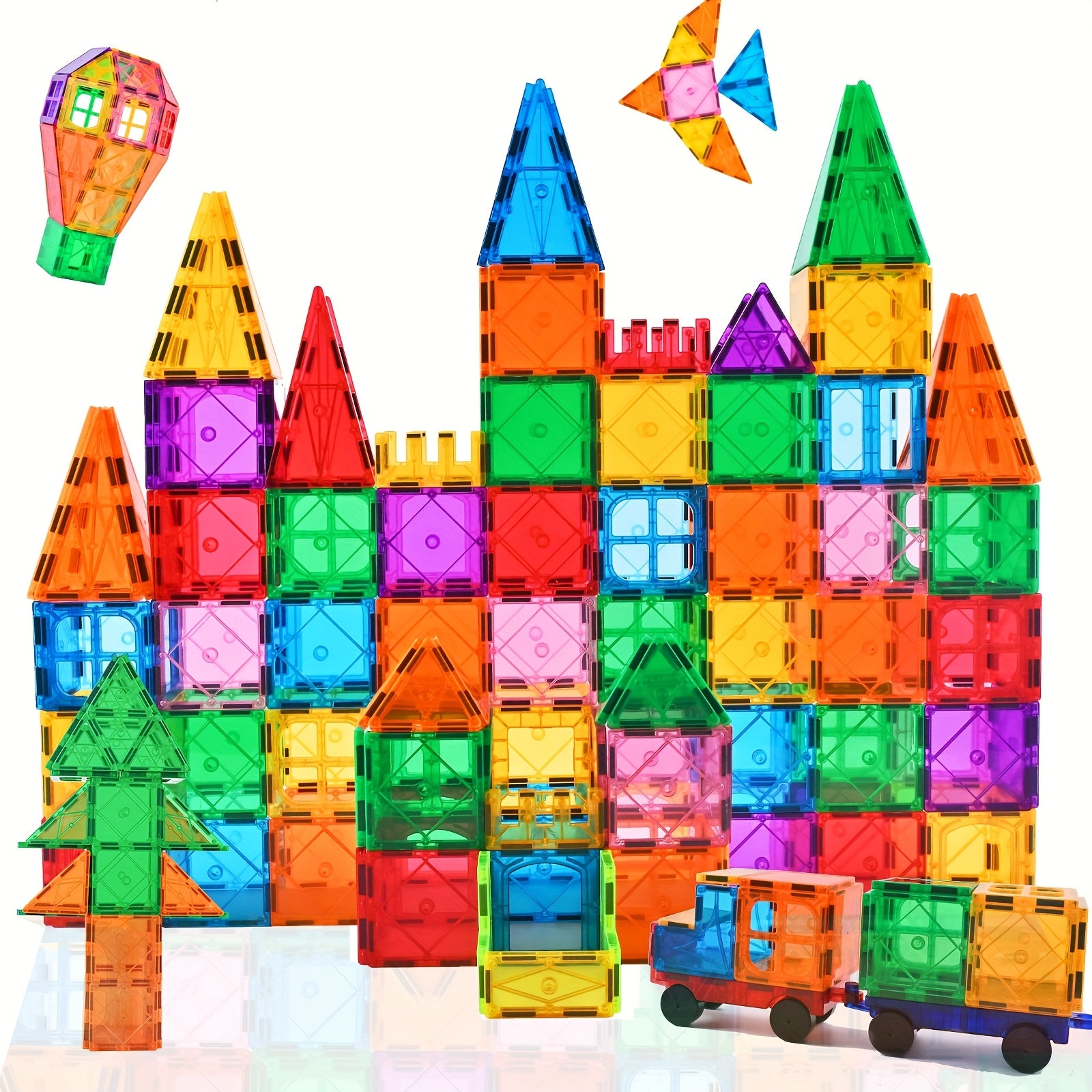 Magnetic Building Tiles 95pcs Magnetic Blocks For Kids with 2 Cars