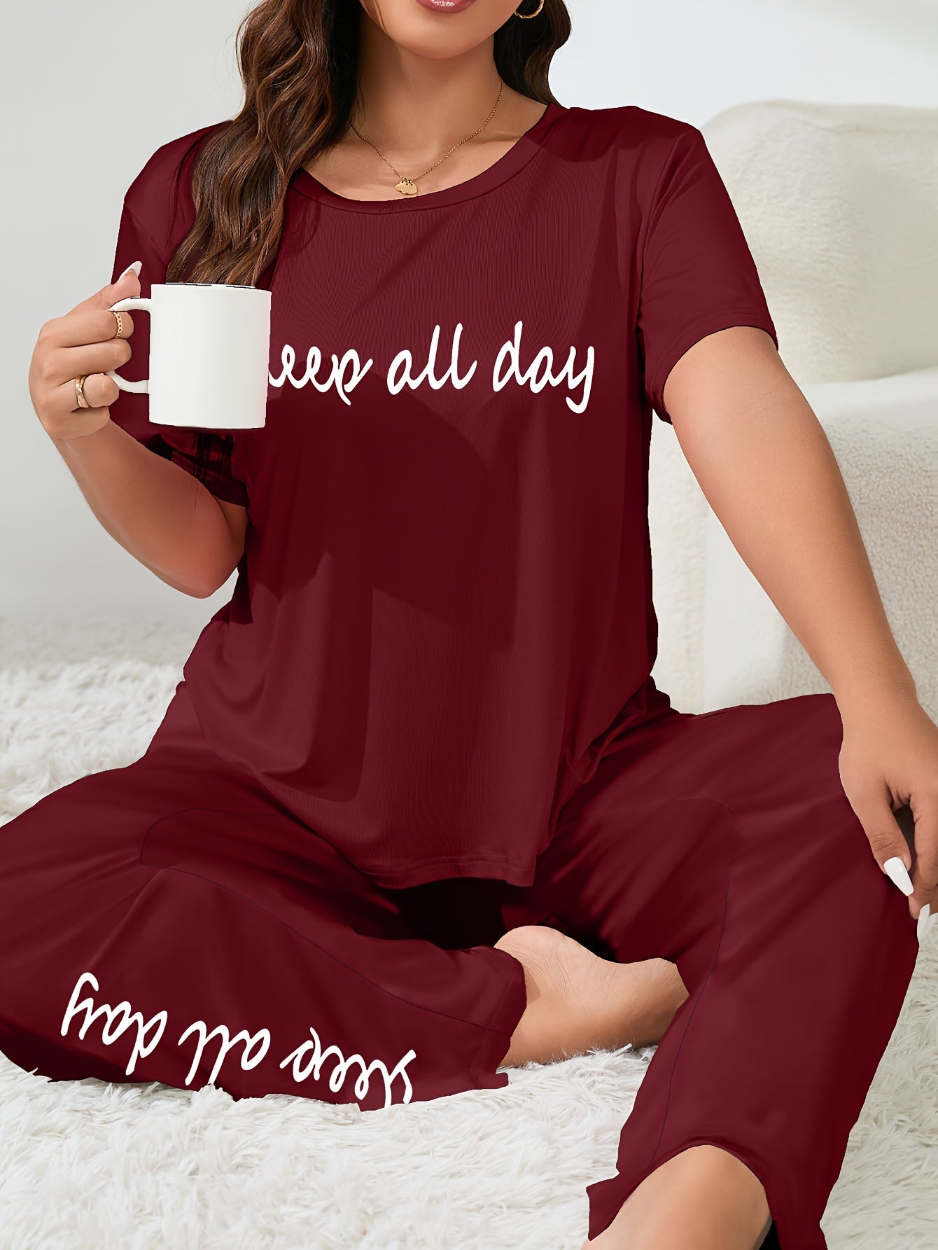 Slogan Print Tee & Pants Pajama Set