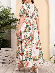 Feather Print Maxi Dress With Pockets