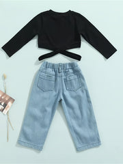 Girls Cropped Top & Ripped Denim Pants Set for Autumn/Spring