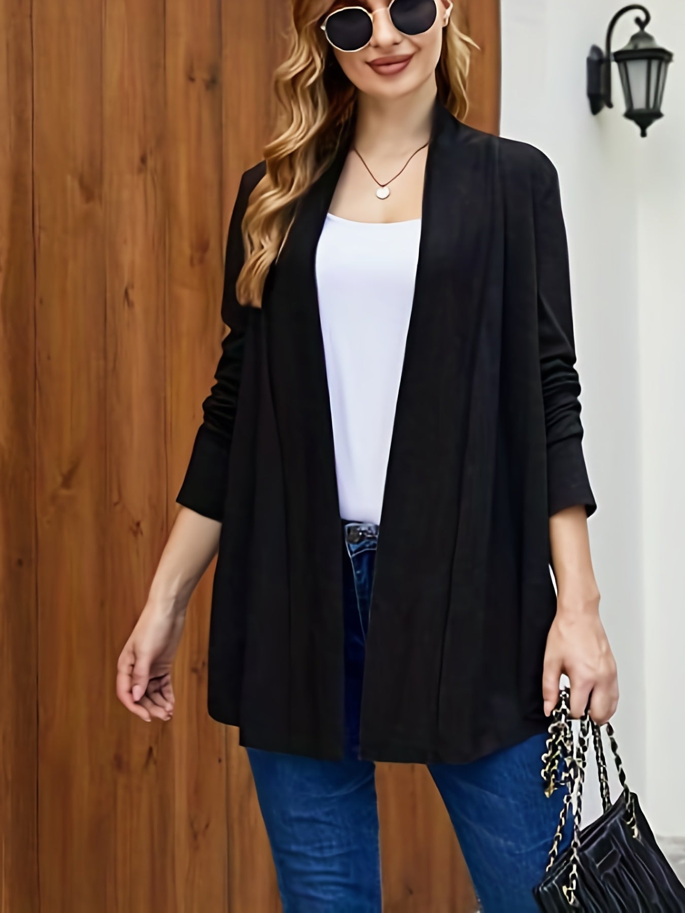 Solid Long Sleeve Open Front Cardigan