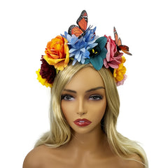 Boho Floral Headband with Butterflies - Adjustable Hair Hoop for Weddings