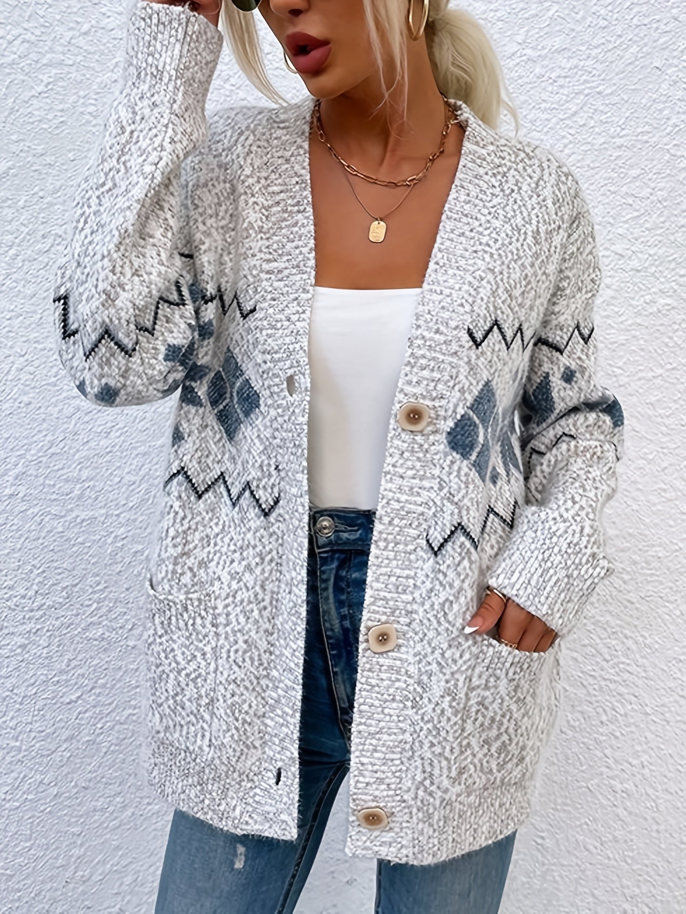 Geo Print Button Up Cardigan with Pockets