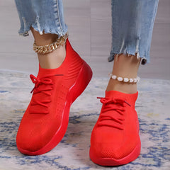 Knitted Mesh Sneakers Breathable Lace Up Running Shoes Women's Footwear