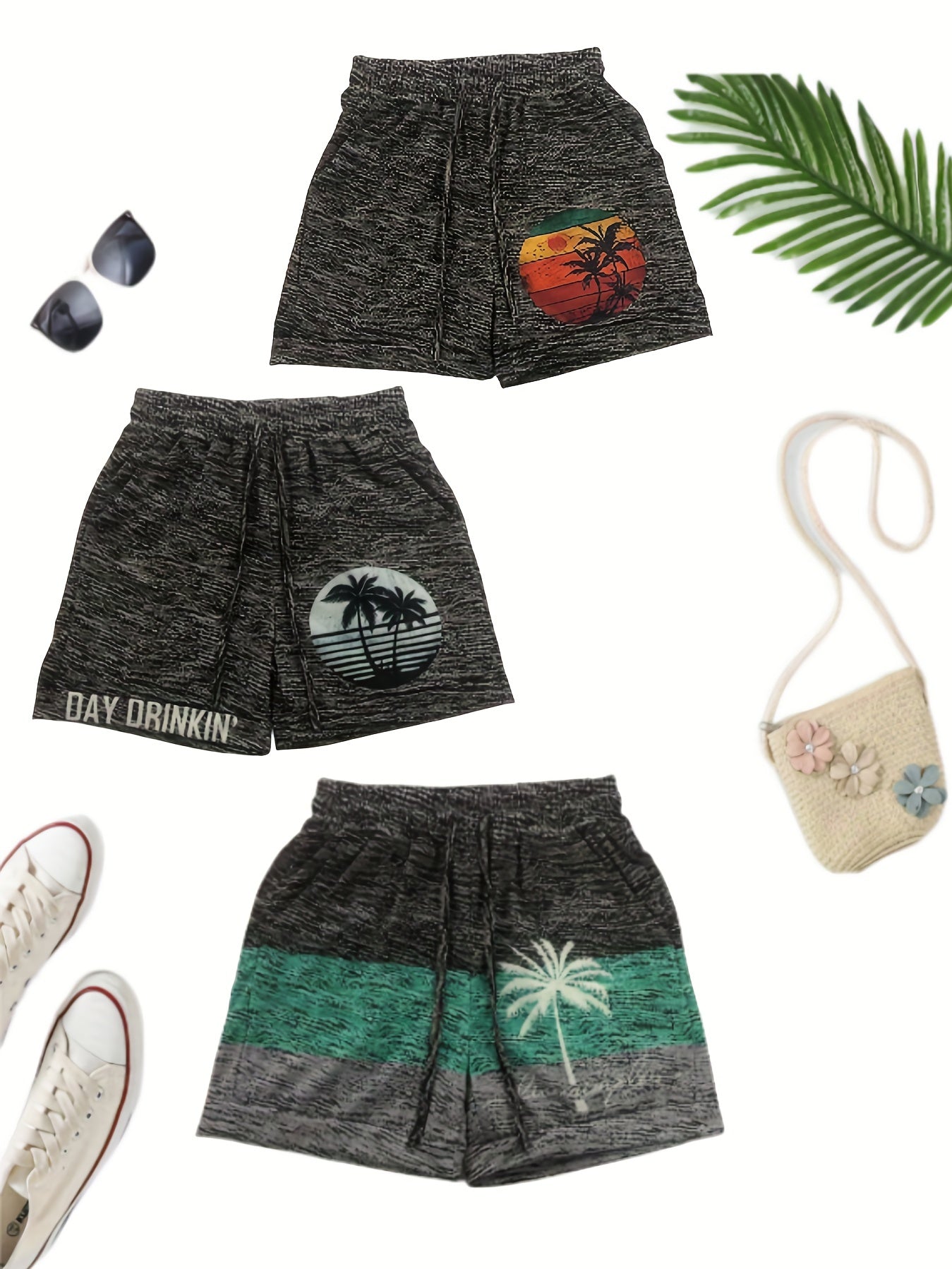3 Packs Coconut Tree Print Shorts Casual Drawstring Shorts
