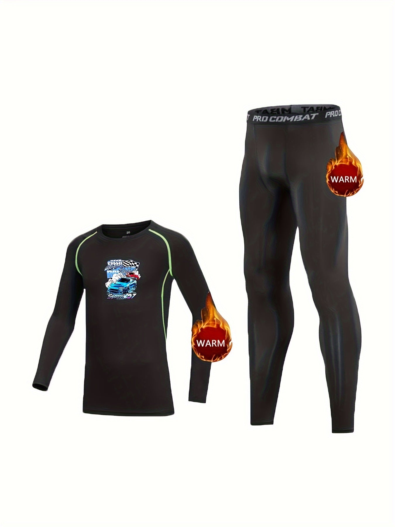 Kids Fleece Lined Compression Base Set Speed Racing Print Tops & Leggings