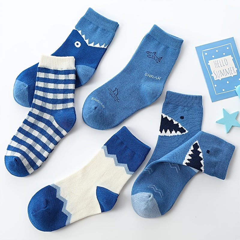 5 Boys Shark Plaid Socks Breathable Odor-proof Students Socks