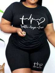Women's Plus Size Art Letter Print Crop Top & Shorts Set