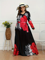 Casual Floral Print V Neck Maxi Dress With Belt