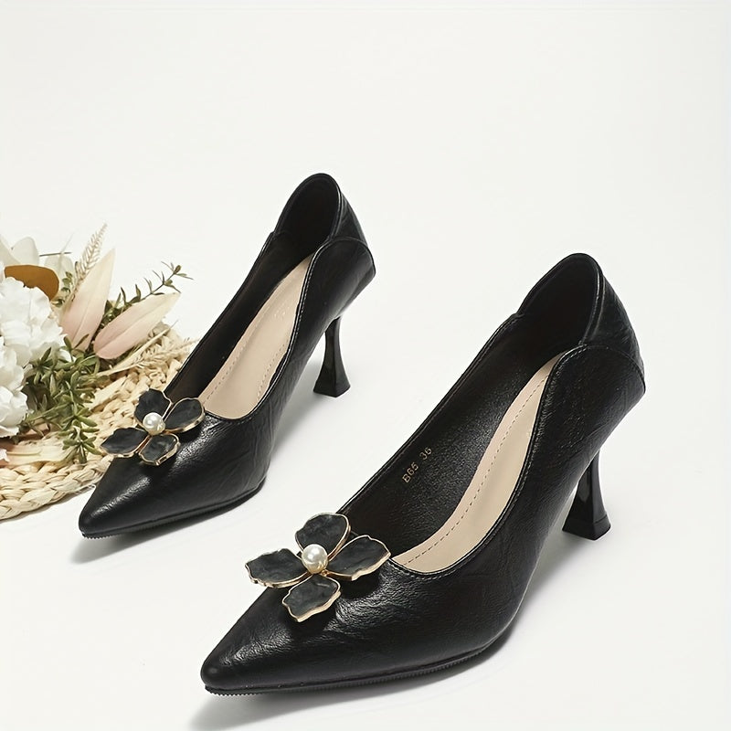 Flower Decor High Heels Pointed Toe Slip On Stiletto Heels