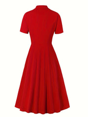 Retro Dress Women's Plus Solid Double Breast Button Short Sleeve