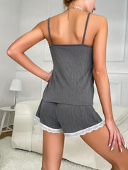 Argyle Lounge Set V Neck Cami Top & Lace Trim Shorts Women's Loungewear