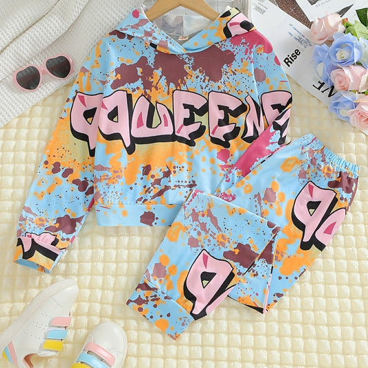 Girl's Splash Long Sleeve Hoodie & Pants Set Letter Print Casual Outfits