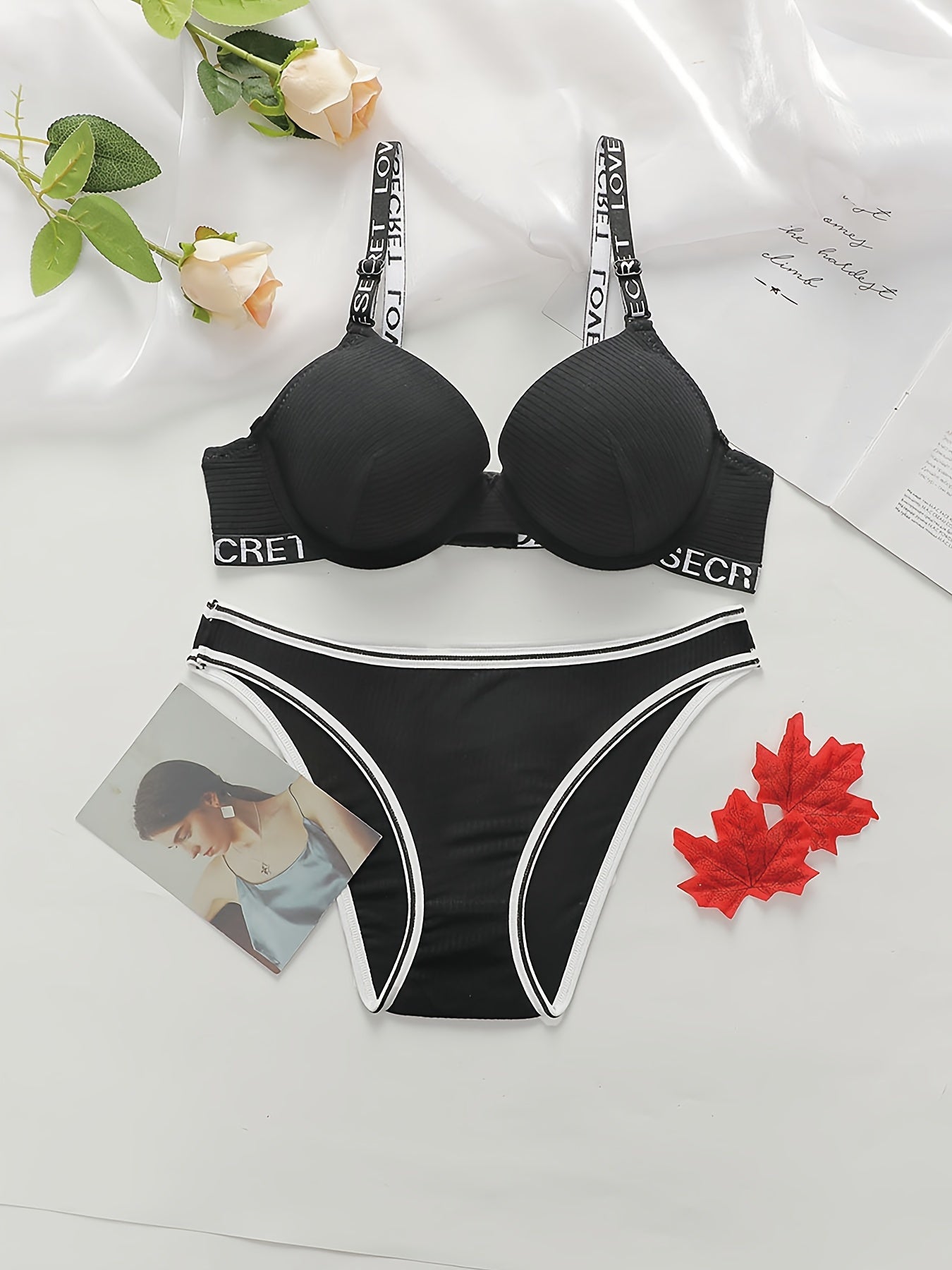 Letter Print Push Up Bra & Panties Set