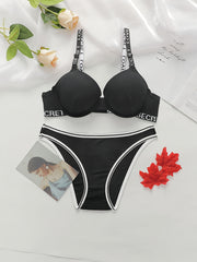 Letter Print Push Up Bra & Panties Set
