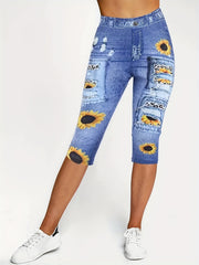 Denim & Sunflower Print Sports Leggings Women's Clothing