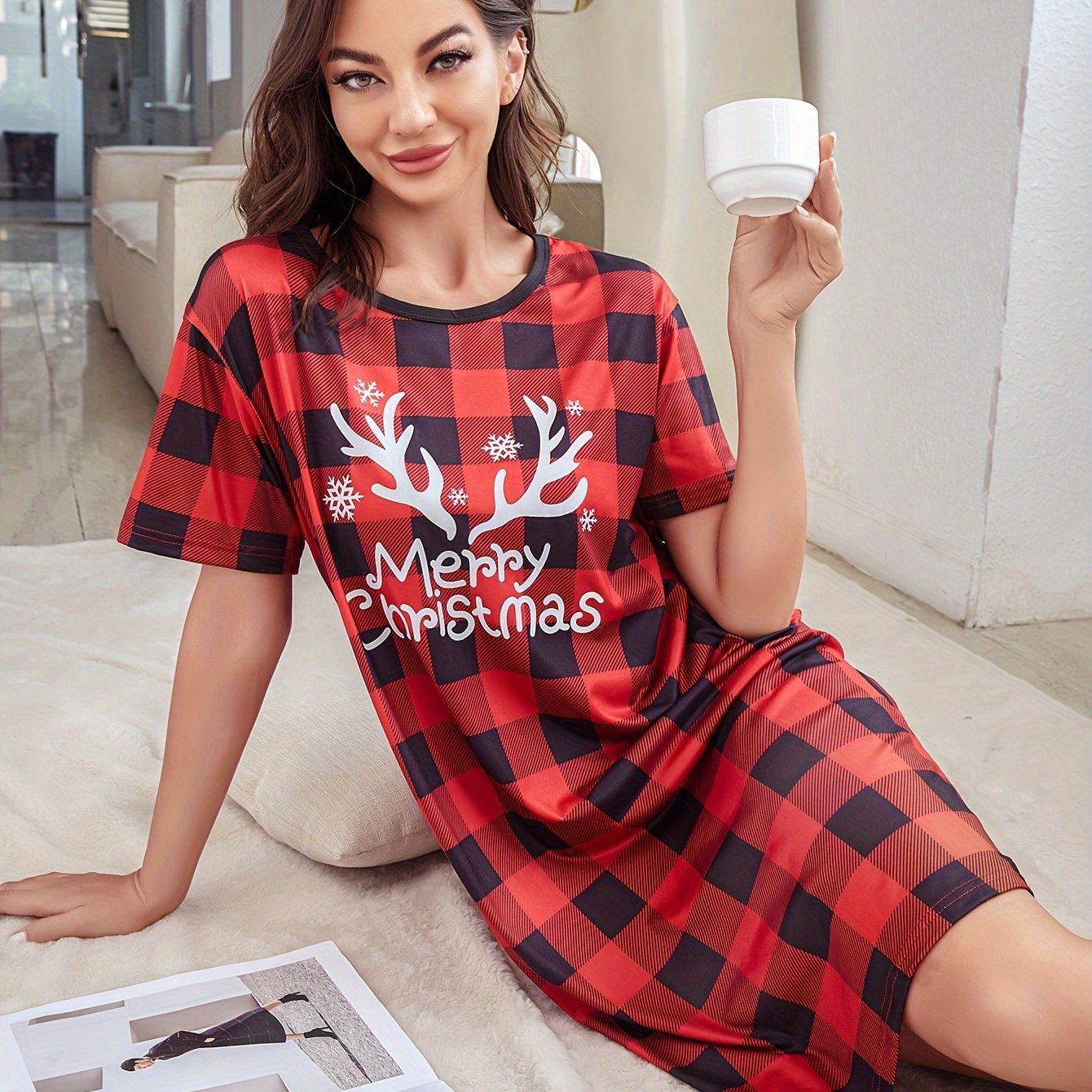 Plaid NightDress Short Sleeve Pajama Dress Women's Sleepwear