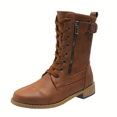 Women's Lace Up Combat Boots Chunky Heel Side Zipper
