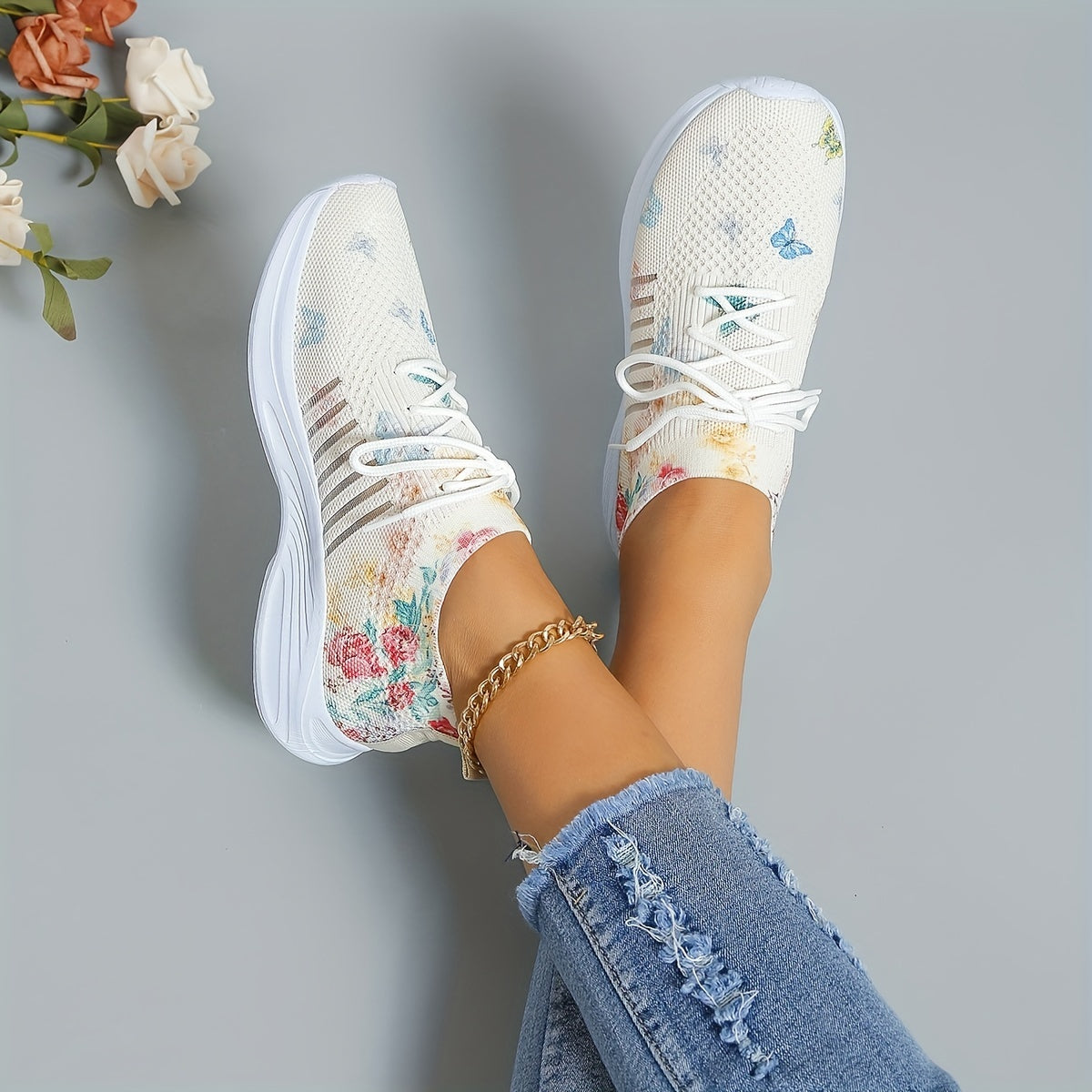 Women's Breathable Sock Sneakers Floral & Butterfly Print Lace Up Running Shoes