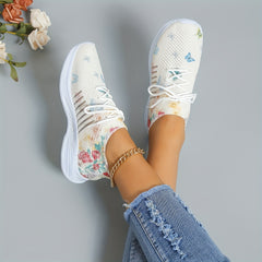Women's Breathable Sock Sneakers Floral & Butterfly Print Lace Up Running Shoes