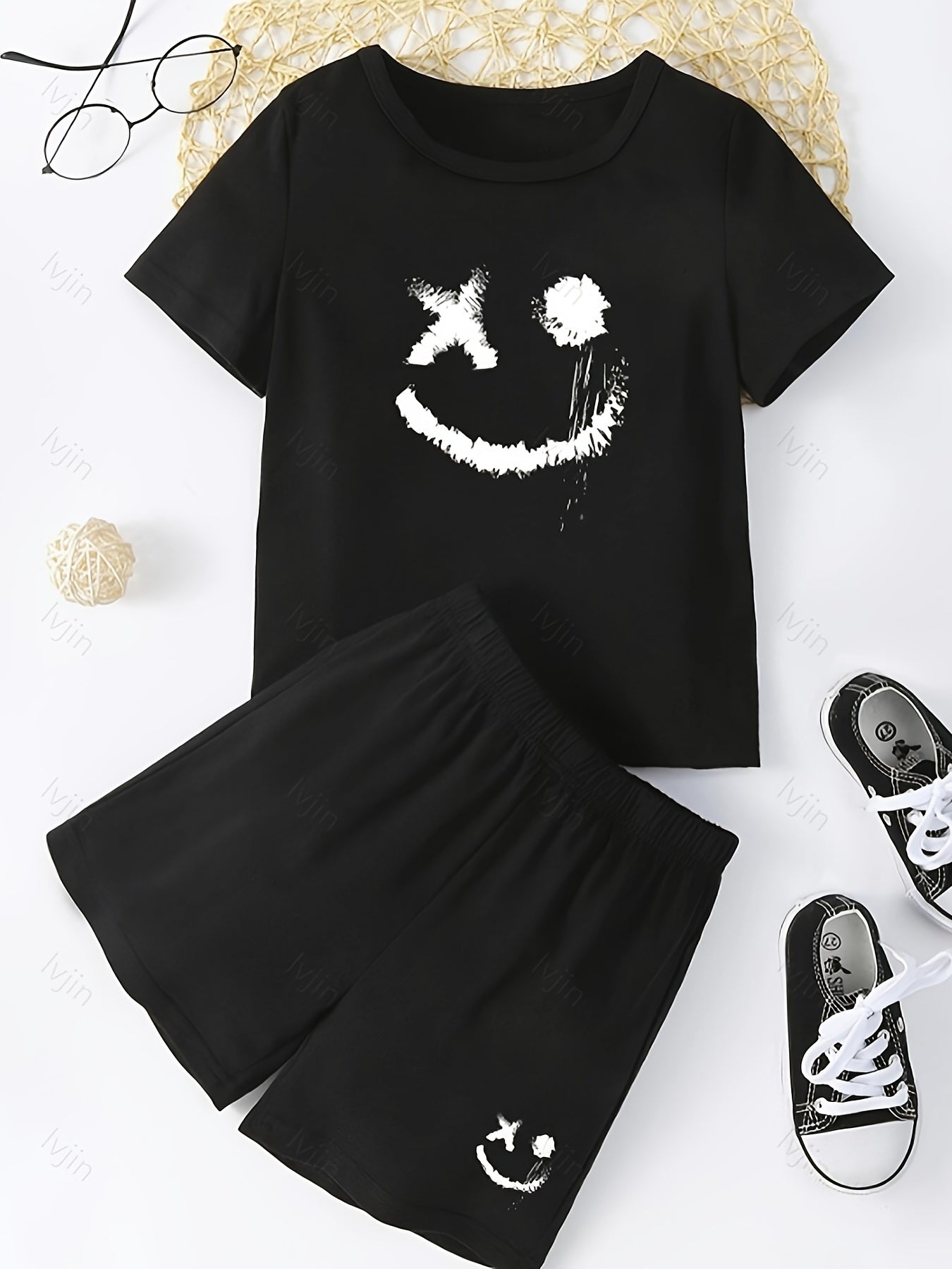 Boys Smile Face Print T Shirt & Sport Shorts Set - Summer Kids Clothing
