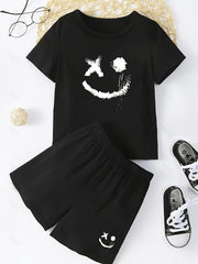 Boys Smile Face Print T Shirt & Sport Shorts Set - Summer Kids Clothing