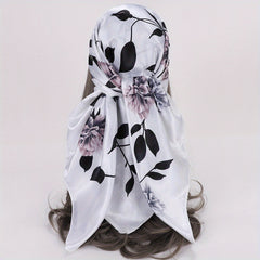 Rose Print Satin Bandana Large Square Scarf Silk Shawl Women Head Wrap