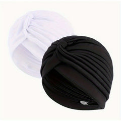 2pcs Pleated Elastic Turban Cap Solid Head Wraps Casual Hijab Hats