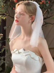 Vintage Double Layer Bridal Veil with Pearl Accents Short Length Yarn Material