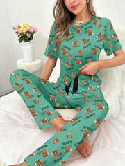 Bear Print Pajama Set Short Sleeve Crew Neck Top & Pants