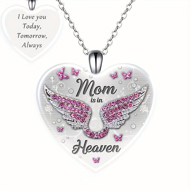 Pink Rhinestone Wing & Mom Is In Heaven Heart Pendant Necklace