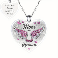 Pink Rhinestone Wing & Mom Is In Heaven Heart Pendant Necklace