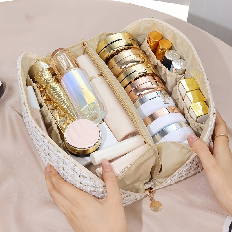 Plaid Pattern Cosmetic Bag, Large Capacity Travel Makeup Bag, Flat Lay Organizer