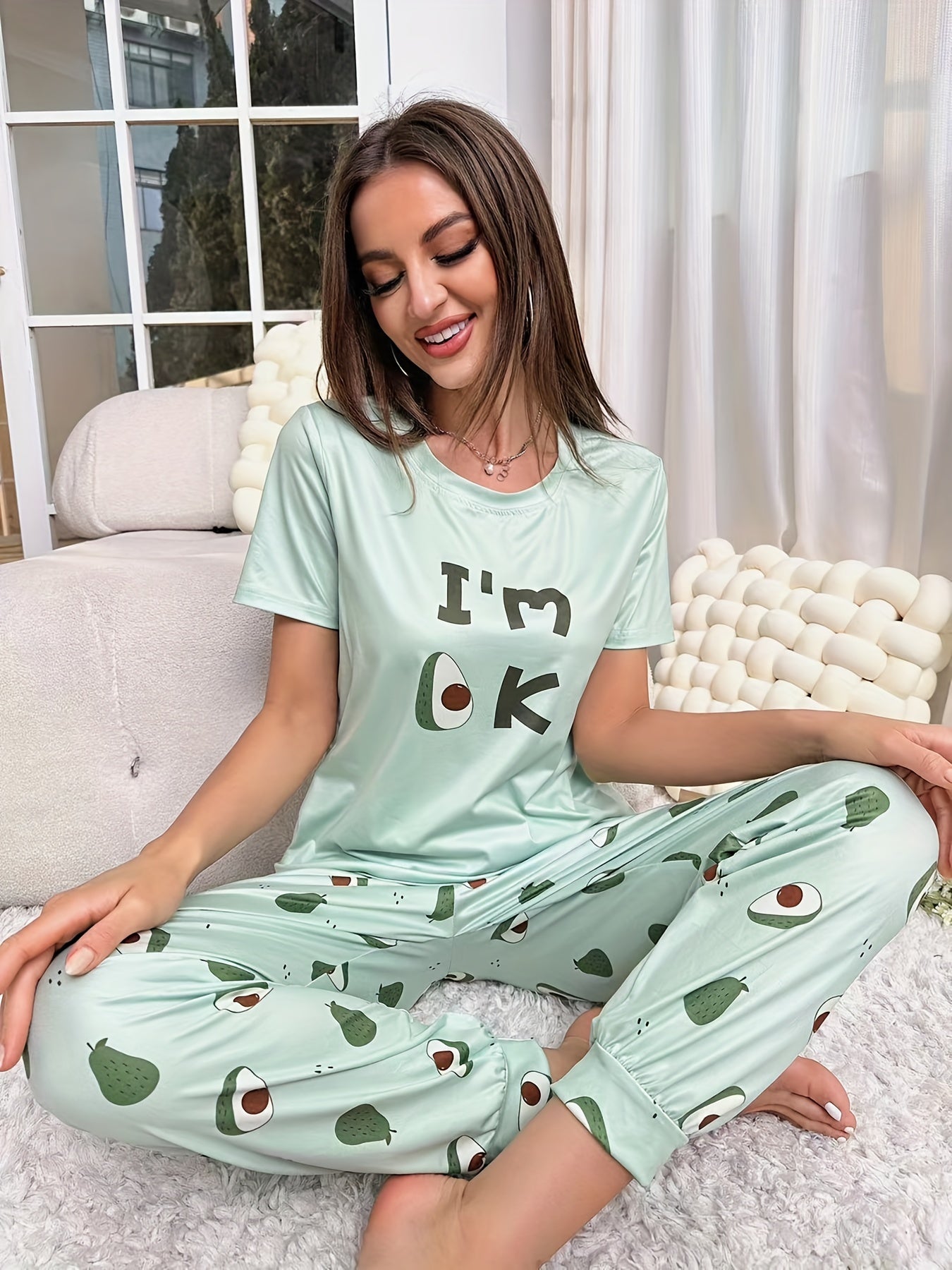 Avocado Print Pajama Set Short Sleeve Top & Pants Women's Sleepwear