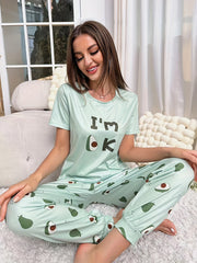 Avocado Print Pajama Set Short Sleeve Top & Pants Women's Sleepwear