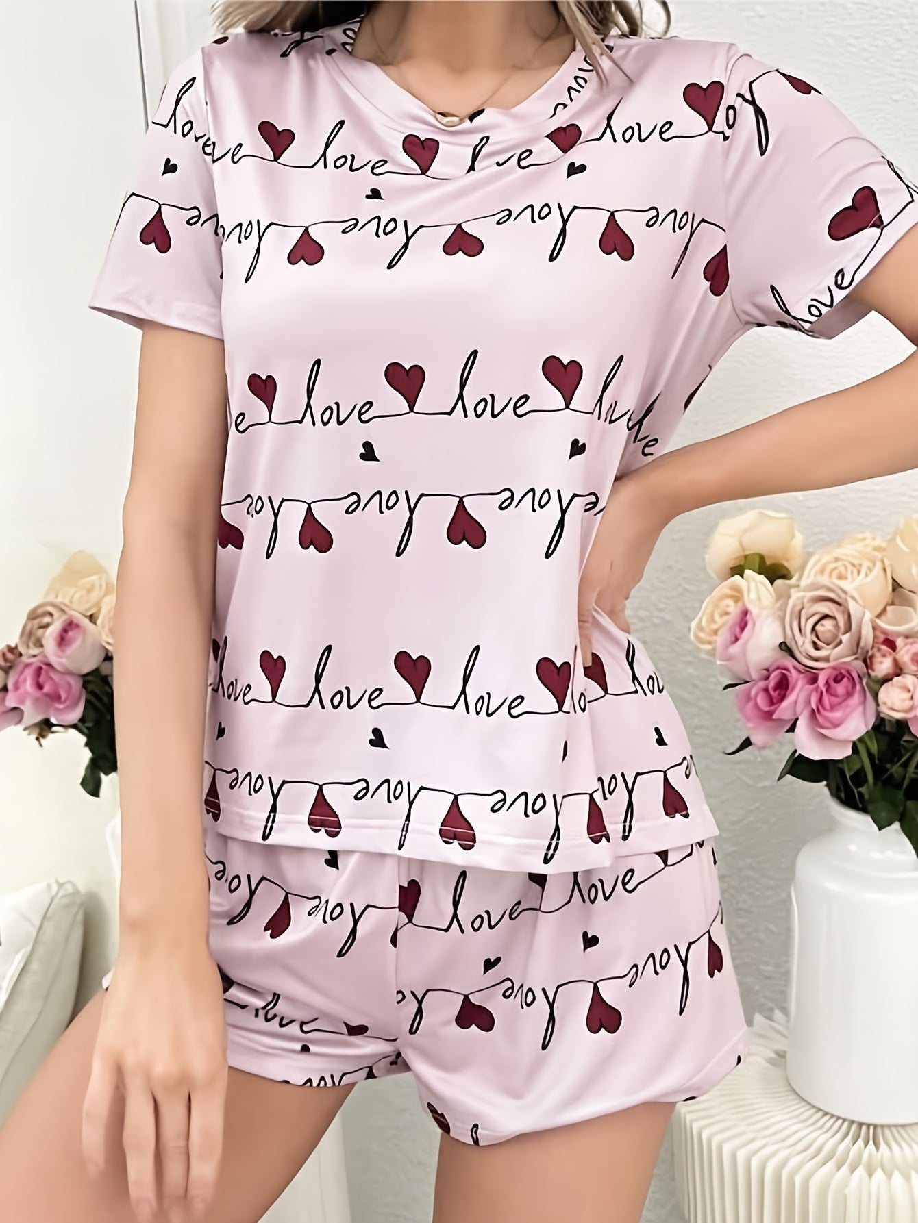 Heart Print Pajama Set Short Sleeve Top & Shorts Women's Sleepwear