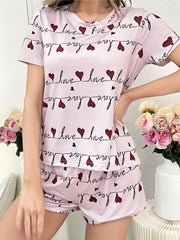 Heart Print Pajama Set Short Sleeve Top & Shorts Women's Sleepwear