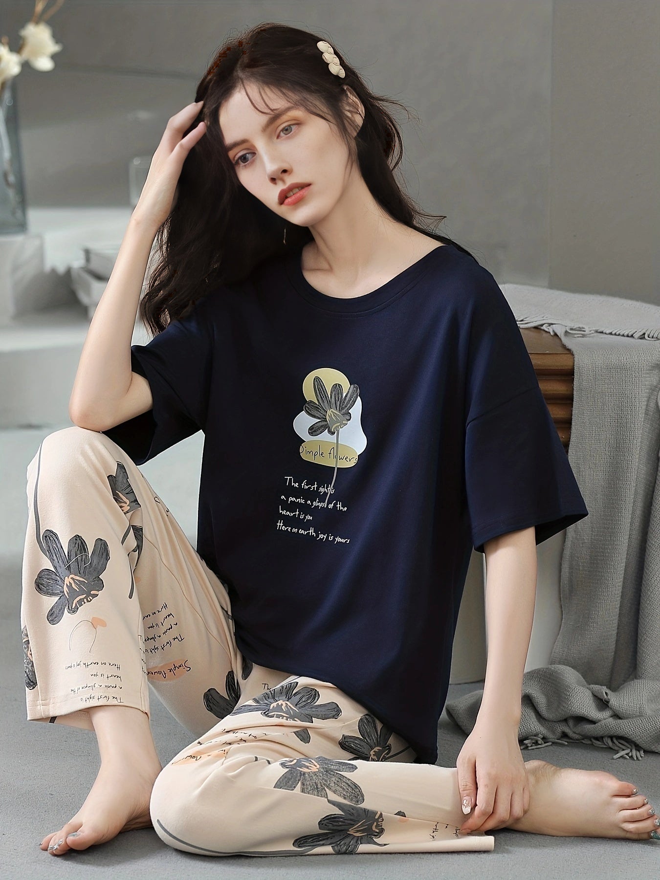 Floral Print Lounge Set Short Sleeve Top & Pants Women's Loungewear