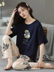Floral Print Lounge Set Short Sleeve Top & Pants Women's Loungewear