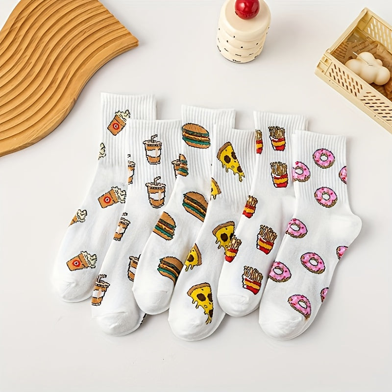 6 Pairs Cartoon Food Print Socks Funny Mid Tube Women's Stockings