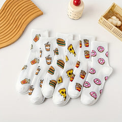 6 Pairs Cartoon Food Print Socks Funny Mid Tube Women's Stockings