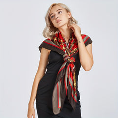 Metal Chain Printed Square Scarf Silk Feeling Satin Warm Shawl