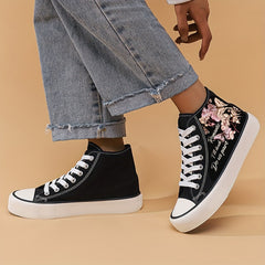 Women's Butterfly & Letter Print Canvas High Top Sneakers Lace Up Outdoor Shoes