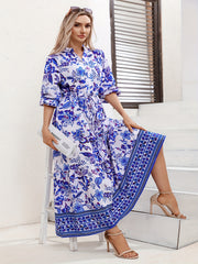 Floral Print Lantern Sleeve Maxi Dress With Belt
