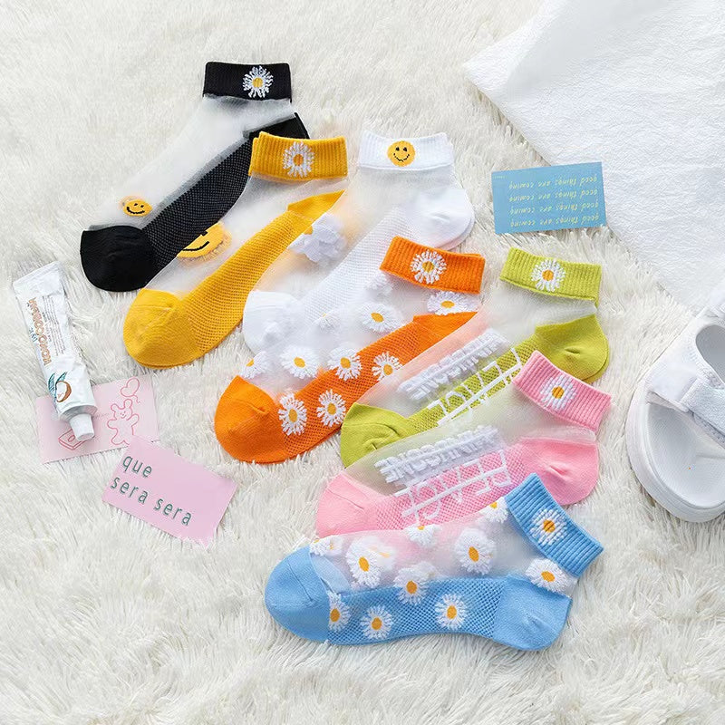 7 Pairs Smiling Pattern Short Socks Ultra Thin Shallow Mesh Ankle Soc
