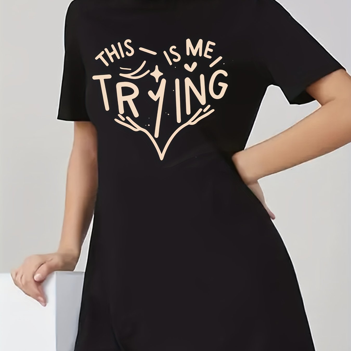 Women's Plus Slogan & Heart Print Short Sleeve Tee Dress