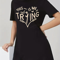 Women's Plus Slogan & Heart Print Short Sleeve Tee Dress